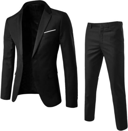 Men Slim Fit 2 Piece Suit, Button Solid Dress Suit Jacket Blazer and Pants Set Men Business Wedding Party Suit Set