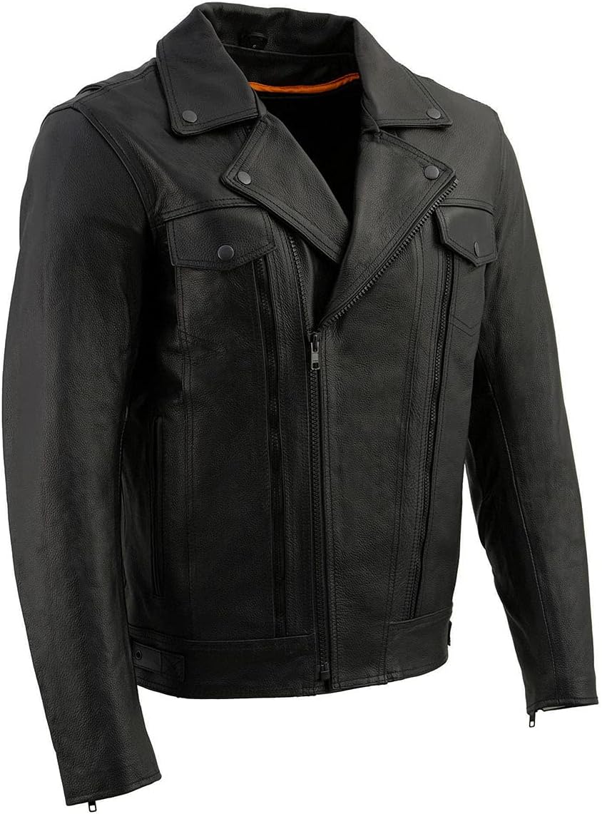61Kzw2bAzEL._AC_SL1200_.jpg Men Black Leather Motorcycle Riders Jacket w/Multi-Utility Pockets - Image 1