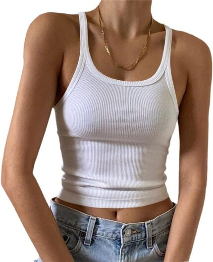 Women Sleeveless Tank Top Form Fitting Scoop Neck Ribbed Knit Basic Cami Shirts
