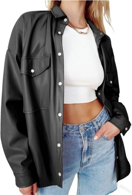 Women Faux PU Leather Jacket Vintage Lapel Button Up Blazer Biker Coat
