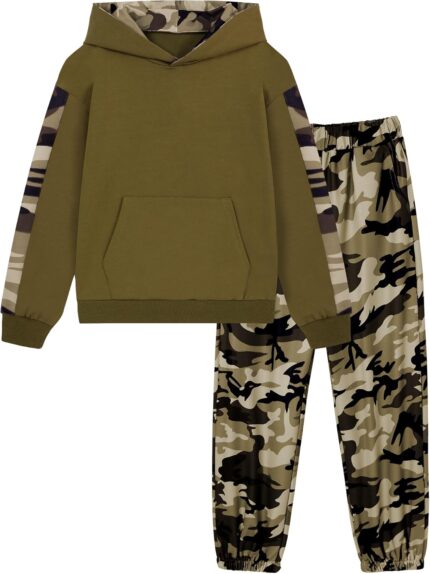 Boys Clothes 2Pcs Long Sleeve Patchwork Graphic Print Hoodie Sweatshirt Leaf Print Camouflage Sweatpants Boy Sweatsuit