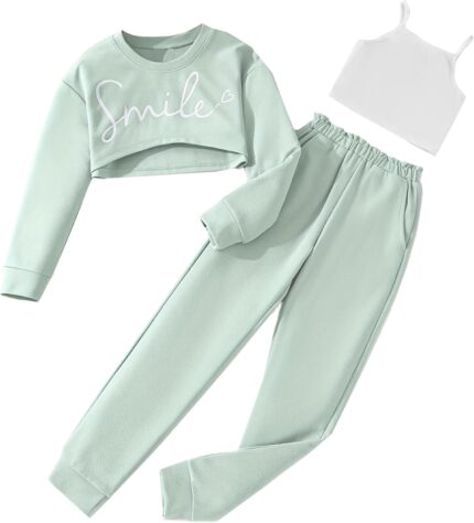 Girls Long Sleeve 3 Piece Outfits Graphic Crop Tee and Cami Top with Pants Set