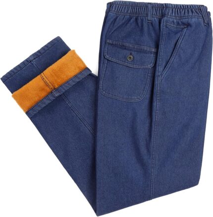Fleece Lined Jeans Mens Elastic Waist Thicken Warm Loose Denim Pants