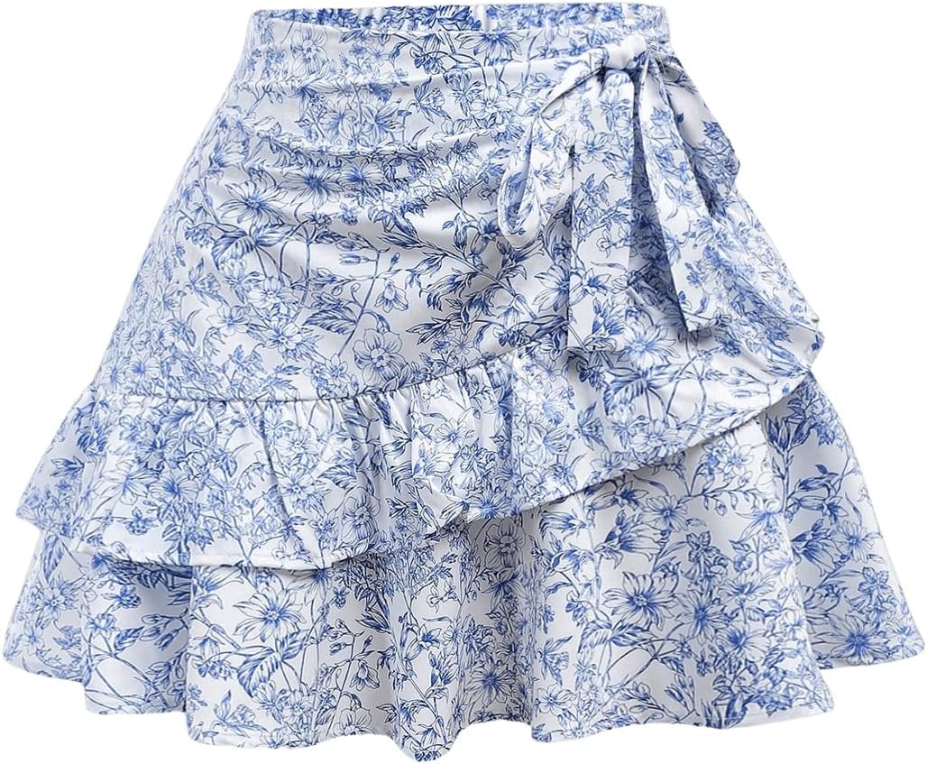 71kZf4Y5BML._AC_SL1500_.jpg Girl's Floral Bow Mini Skirt Casual Wrap Tie Side Ruffle Summer Short Skirts - Image 1