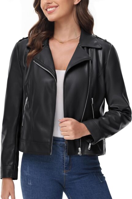 Women Leather Jacket Zipped Moto Jacket Lightweight Faux Leather Biker Jackets Fall Autumn Lapel Jackets