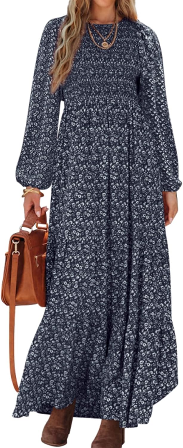 71xa4BaeFYL._AC_SL1500_.jpg Women Spring Dresses 2025 Long Sleeve Flowy Casual Floral Maxi Dress Crew Neck Smocked Tiered Long Dress - Image 1