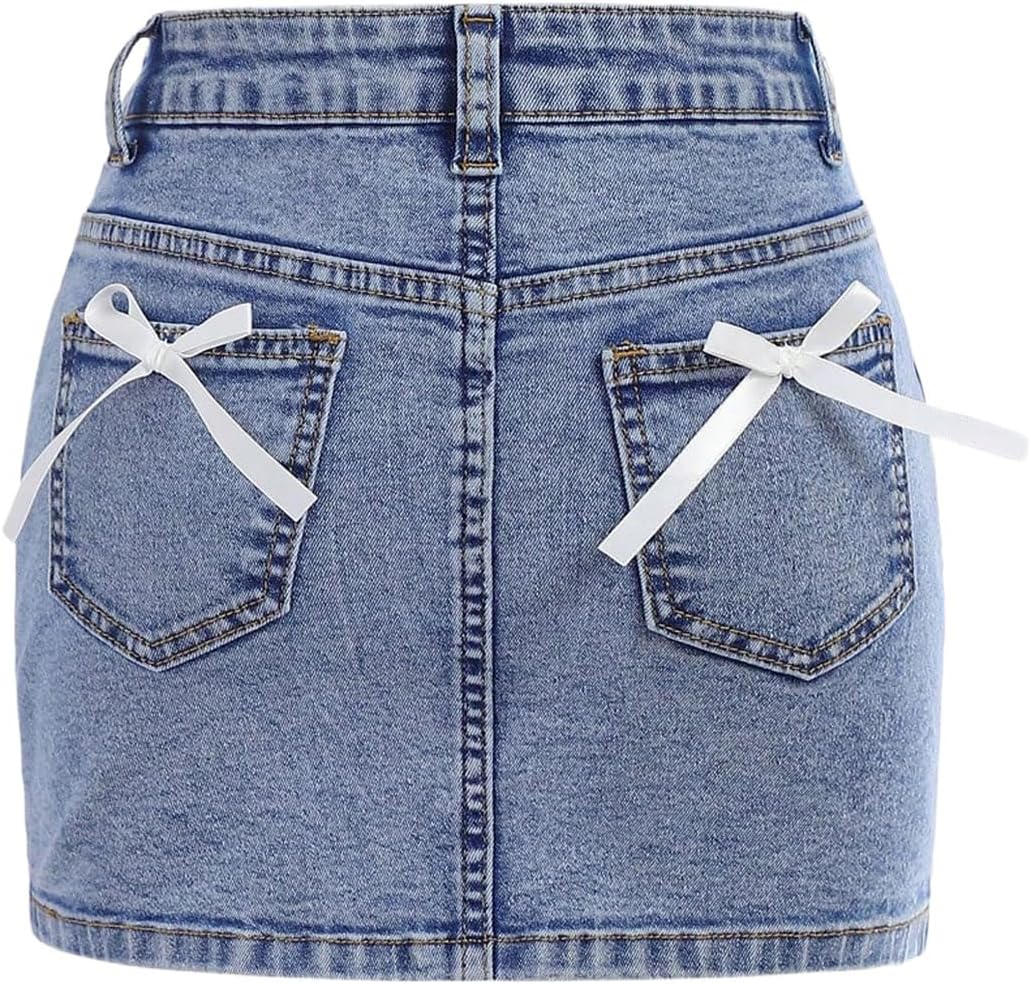 81TQeMfP5L._AC_SL1500_.jpg Girl's Cute Bow Denim Skirt Y2k Straight Pencil Jean Mini Skirt - Image 1