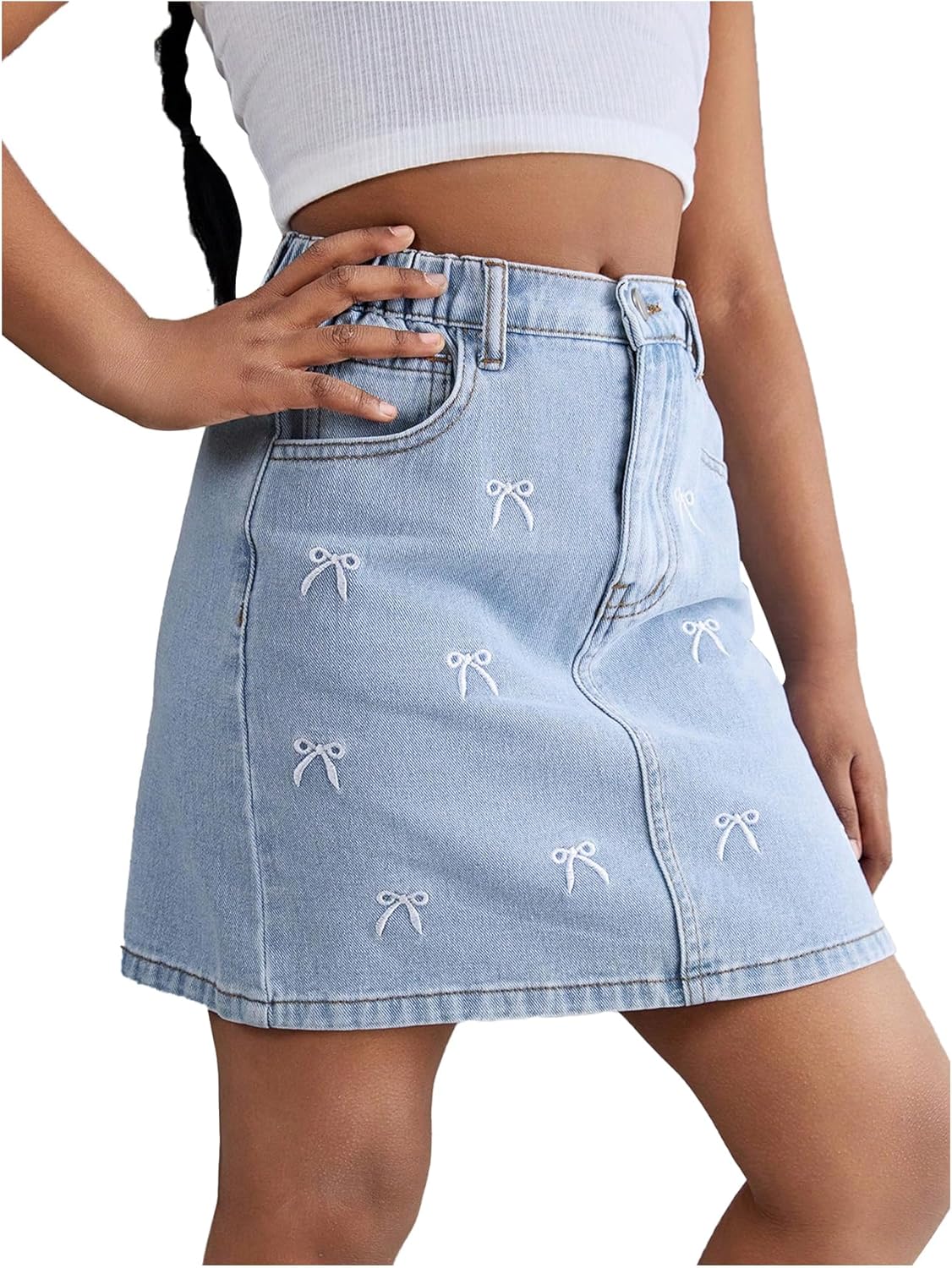 81wxqj1tBOL._AC_SL1500_.jpg Girl's Denim Skirt Bow Embroidery Elastic Waist Y2k Jean Mini Skirts - Image 1